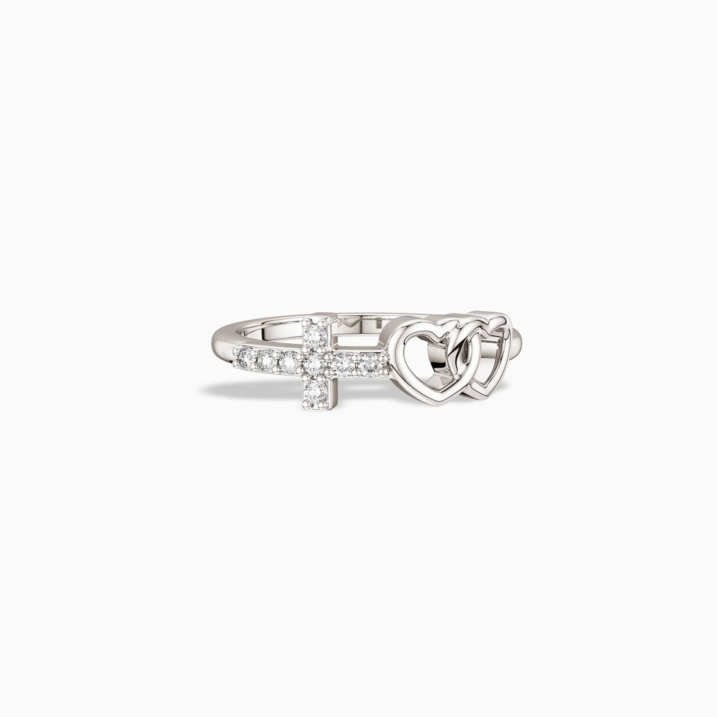 Sterling Silver  Double Heart And Cross  Ring White Cubic Zirconia 0.16ctw