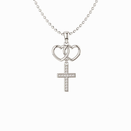 Sterling Silver Love And Faith Cross   Pendant Necklace White Cubic Zirconia 0.11ctw