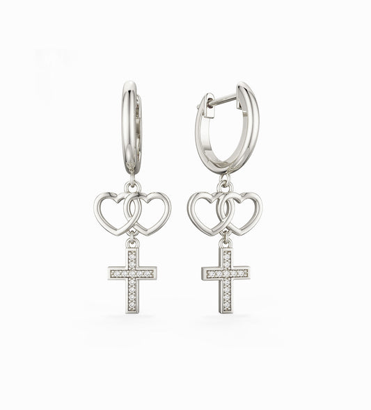 Sterling Silver  Accent love And Faith Cross Dangle Earrings White Cubic Zirconia 0.31ctw